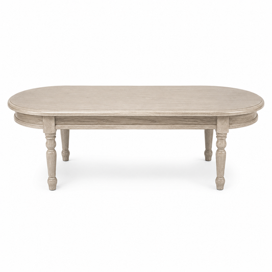 Classic solid oak Vouvray coffee table with hand-turned legs, 135 cm wide, front view