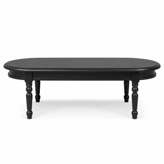 Classic black solid pine Vouvray coffee table with hand-turned legs, 135 cm wide, front view