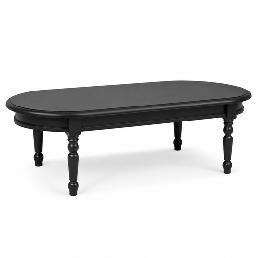 Classic black Vouvray coffee table, three-quarter view showing turned legs and oval proportions