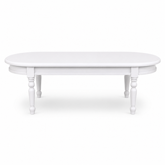 Classic white solid pine Vouvray coffee table with hand-turned legs, 135 cm wide, front view