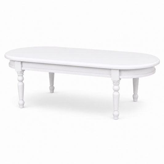 Classic white Vouvray coffee table, three-quarter view showing hand-turned legs and proportions