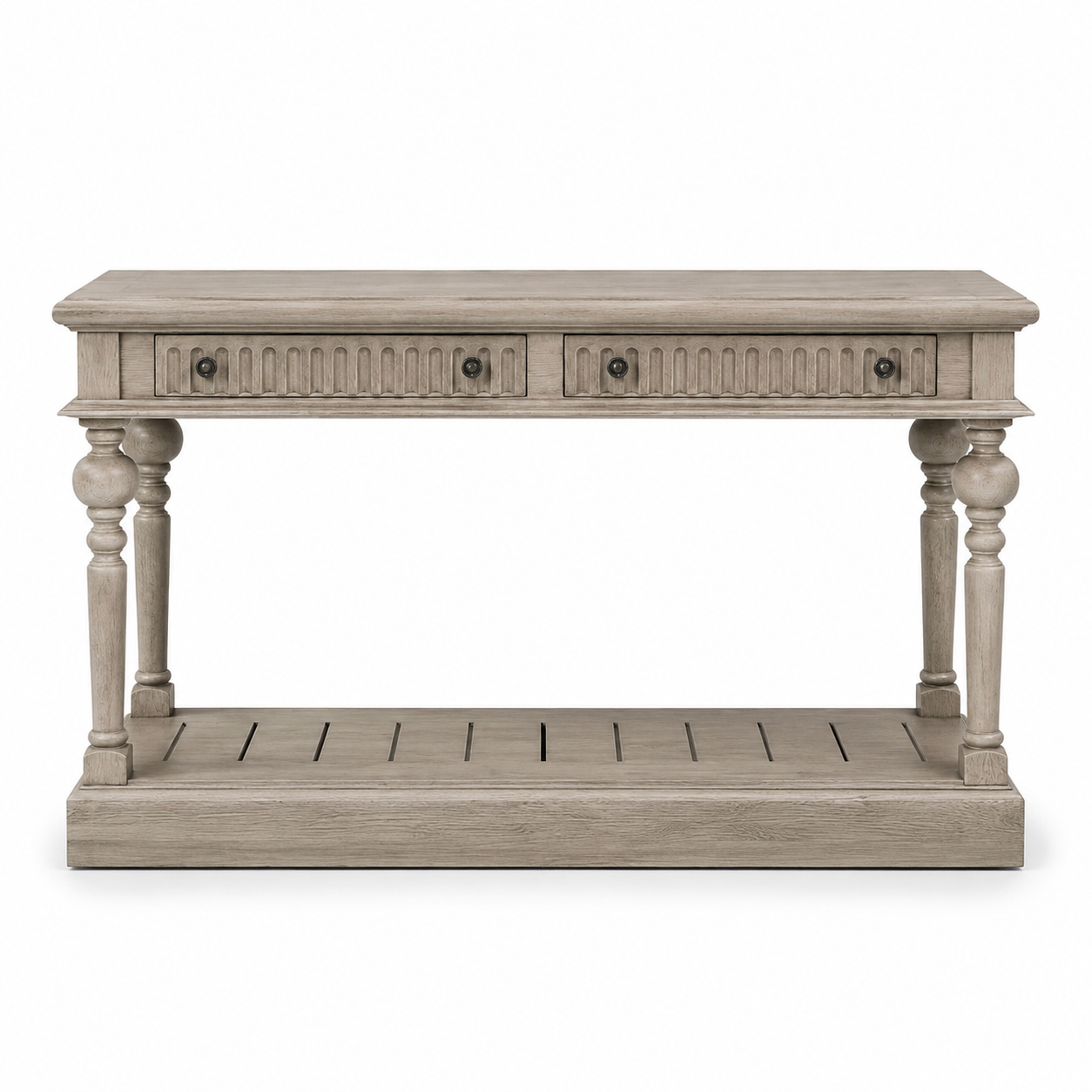 Gaillac console table in solid oak, front view on white background