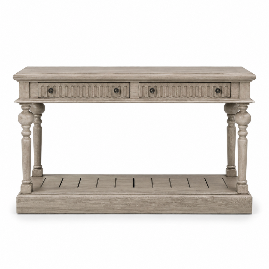 Gaillac console table in solid oak, front view on white background