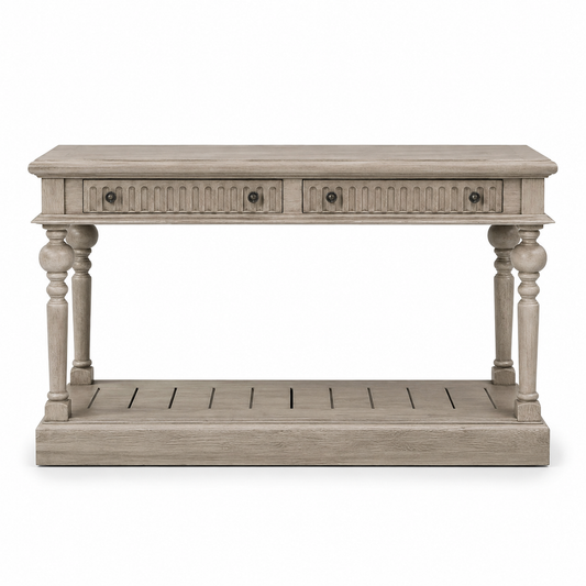 Gaillac console table in solid oak, front view on white background