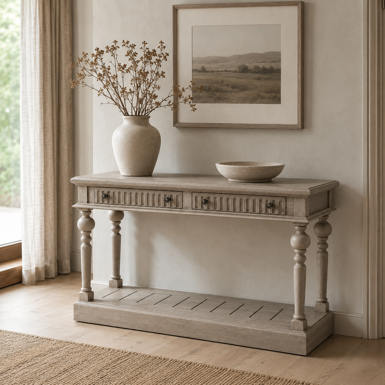 Gaillac console table in solid oak styled in a hallway