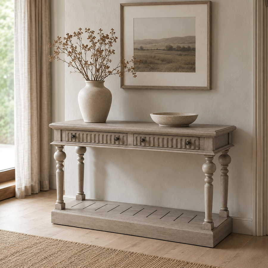 Gaillac console table in solid oak styled in a hallway