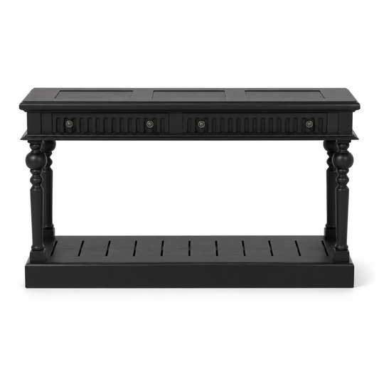 Gaillac console table in black, front view on white background