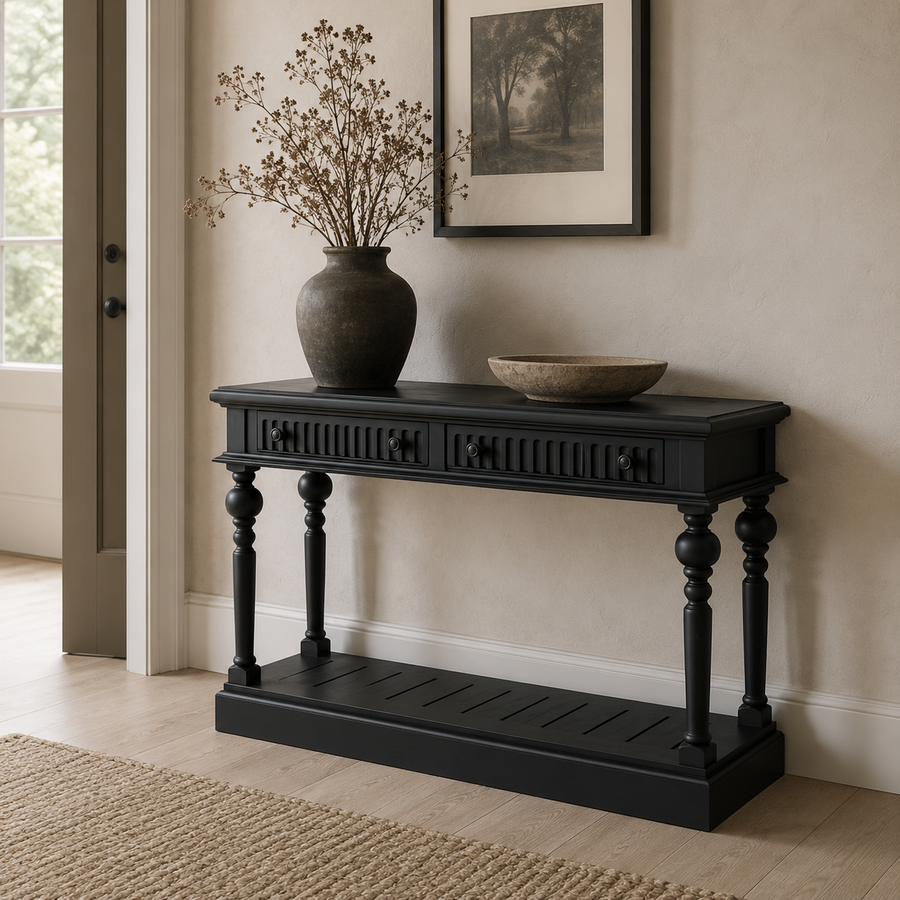 Gaillac console table in black styled in a hallway