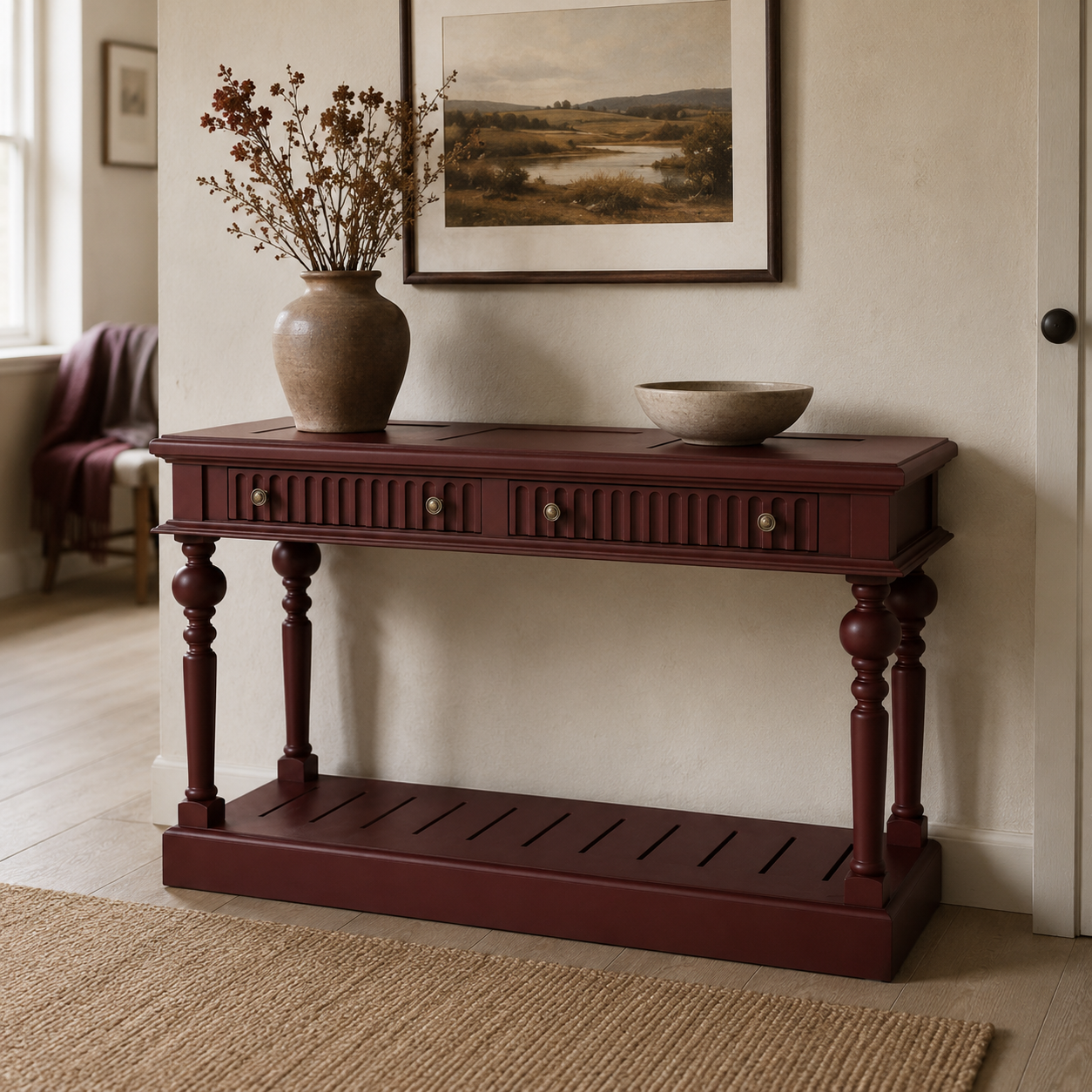 Gaillac console table in bordeaux styled in a hallway