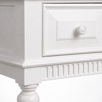 Close-up of the white finish and detailing of the Gaillac console table