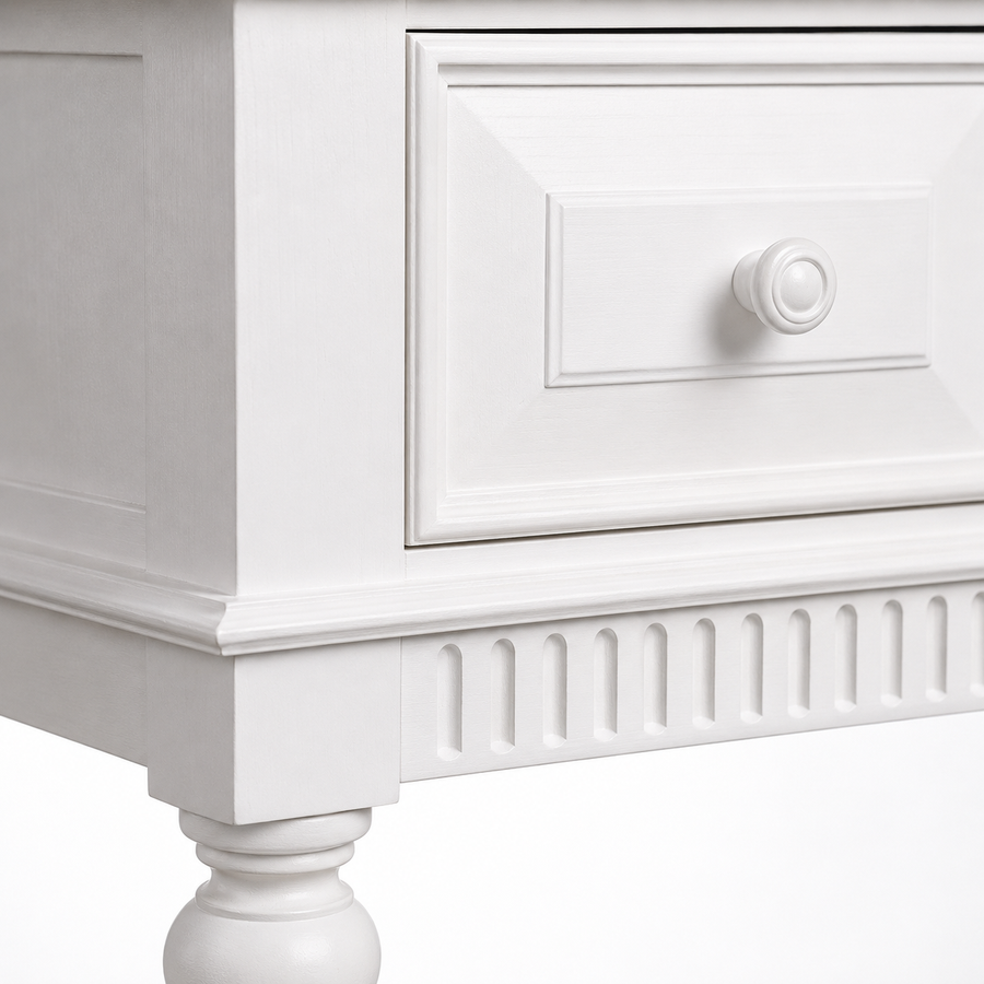 Close-up of the white finish and detailing of the Gaillac console table
