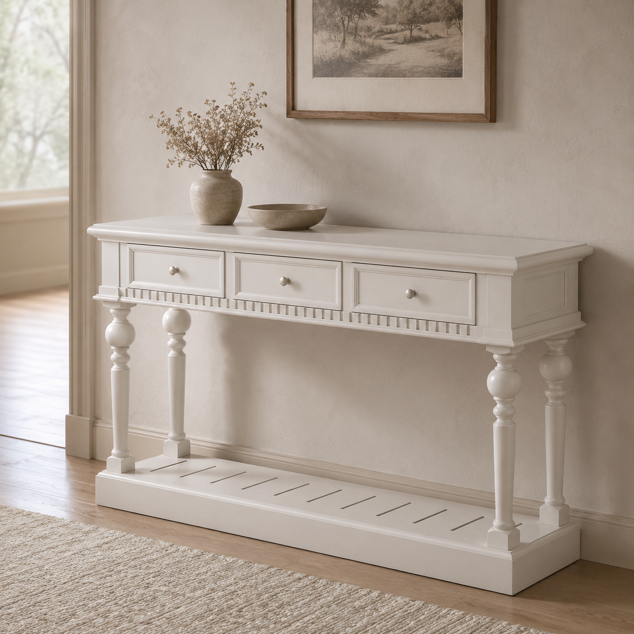 Gaillac console table in white styled in a hallway