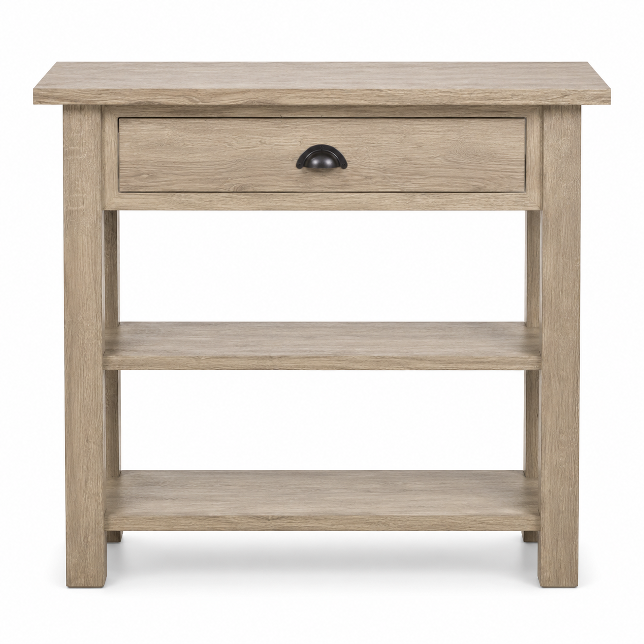 Rully console table in solid oak, front view on white background