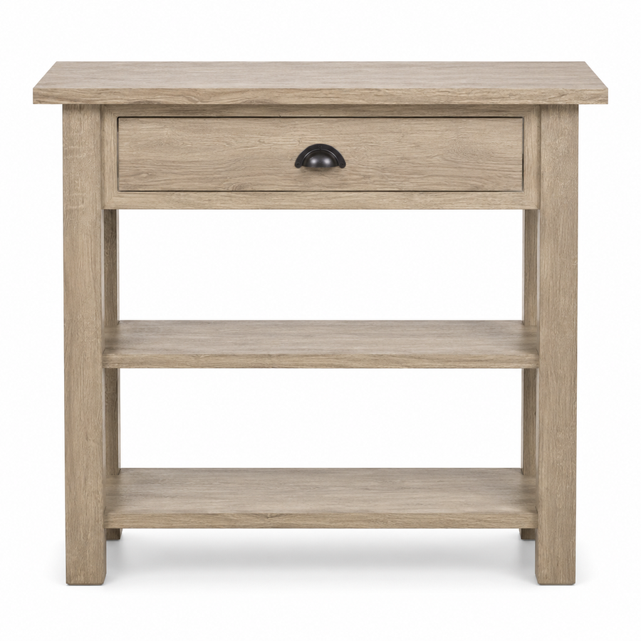 Rully console table in solid oak, front view on white background
