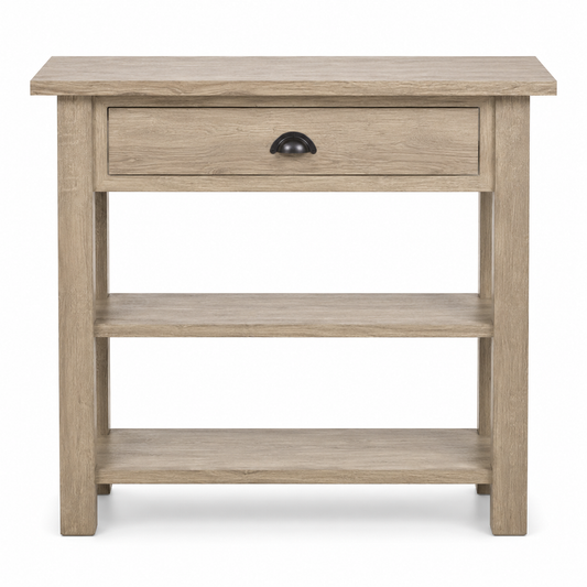 Rully console table in solid oak, front view on white background