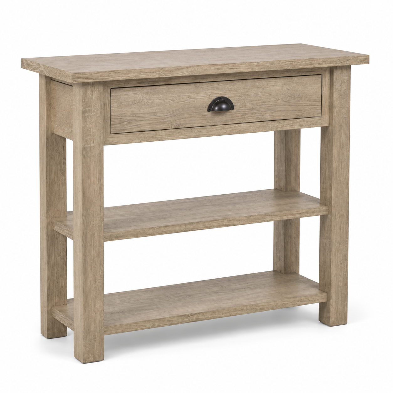 Rully console table in solid oak, three-quarter angle view