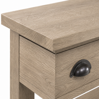 Close-up of the solid oak finish and detailing of the Rully console table