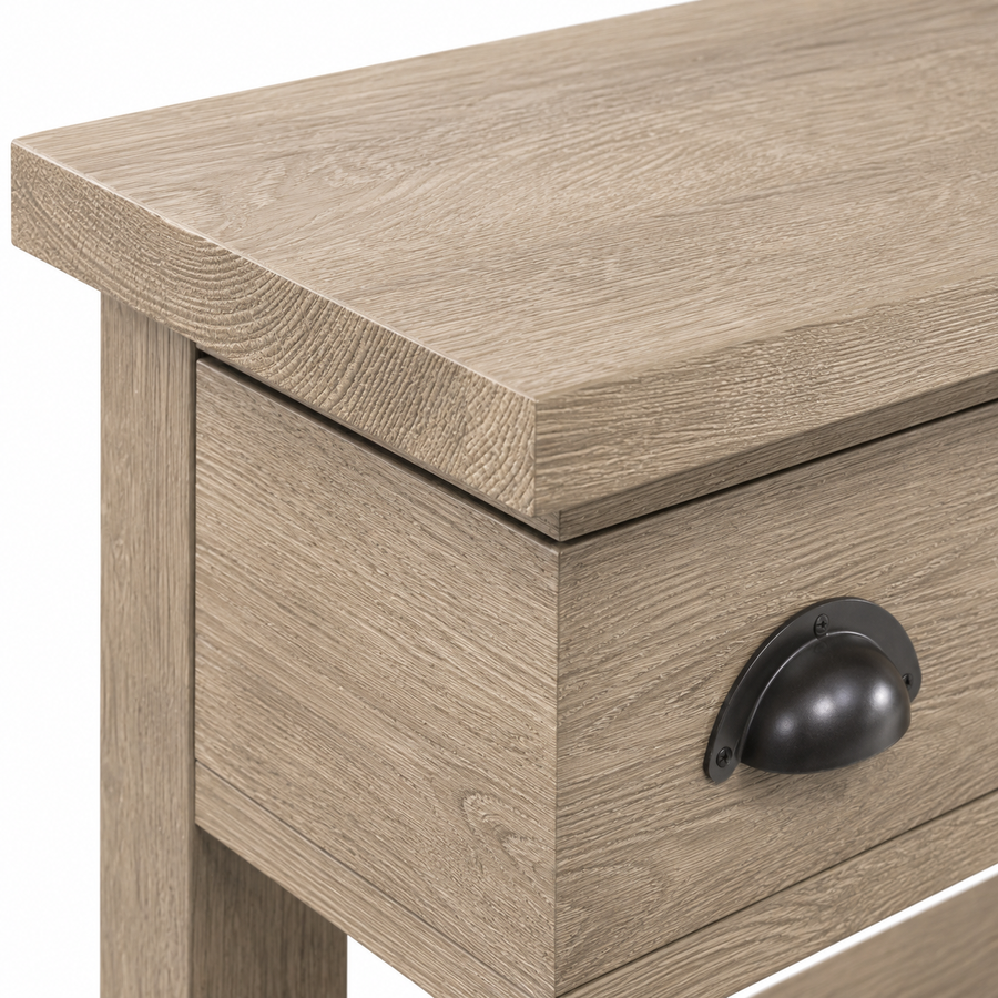 Close-up of the solid oak finish and detailing of the Rully console table
