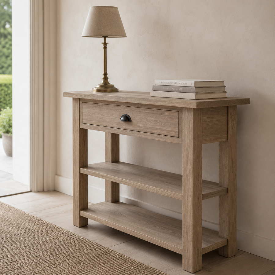 Rully console table in solid oak styled in a hallway