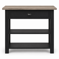 Rully console table in black with a solid oak top, front view on white background
