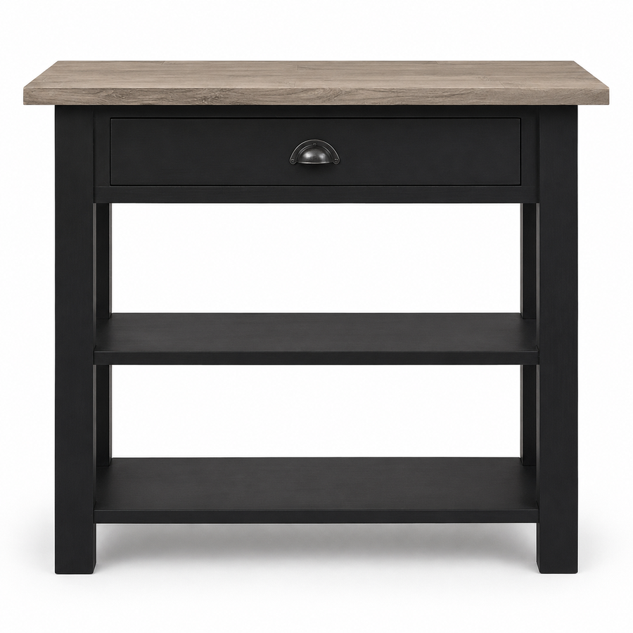 Rully console table in black with a solid oak top, front view on white background