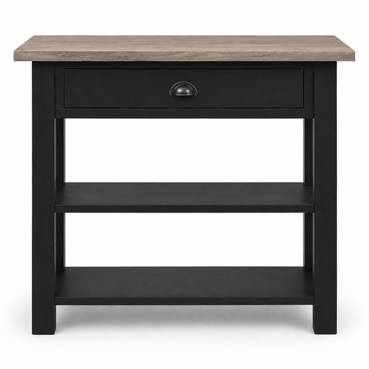 Rully console table in black with a solid oak top, front view on white background