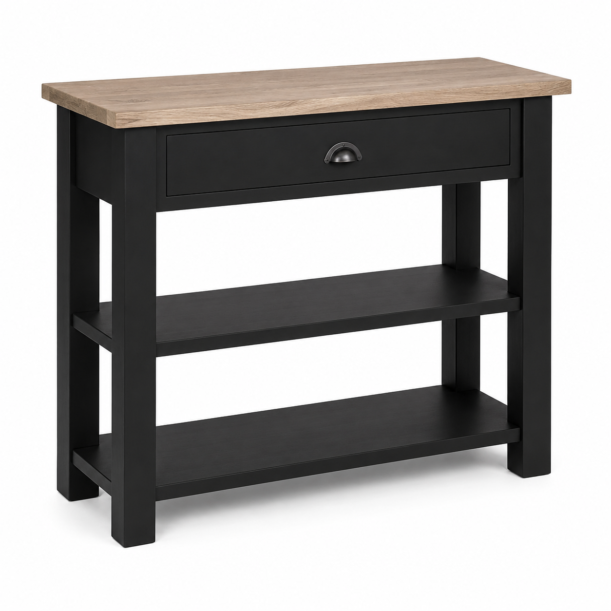 Rully console table in black with a solid oak top, three-quarter angle view