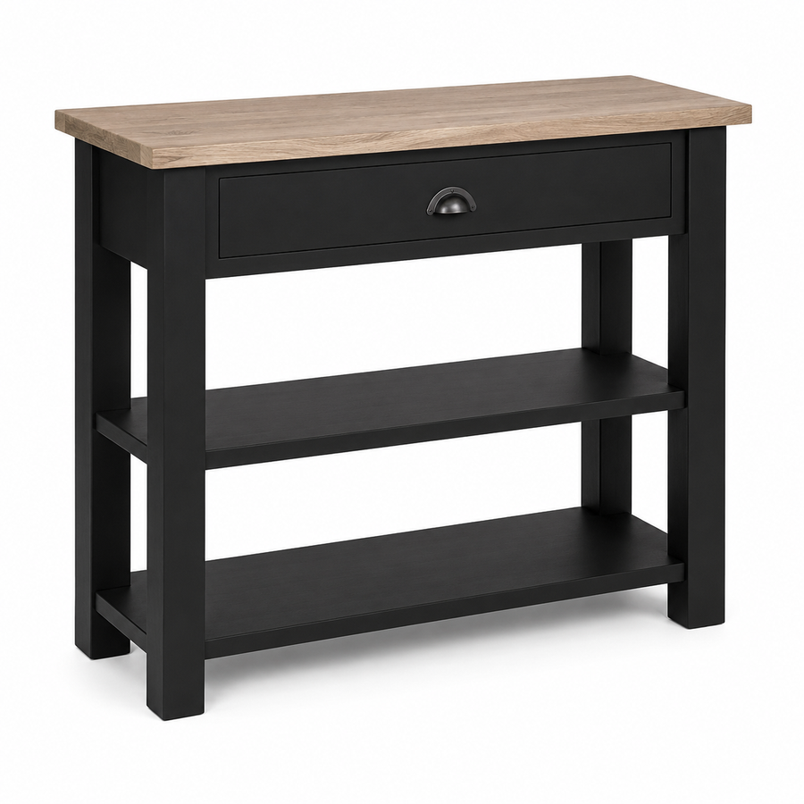 Rully console table in black with a solid oak top, three-quarter angle view