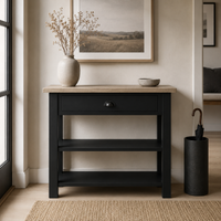 Rully console table in black with a solid oak top styled in an entrance hall