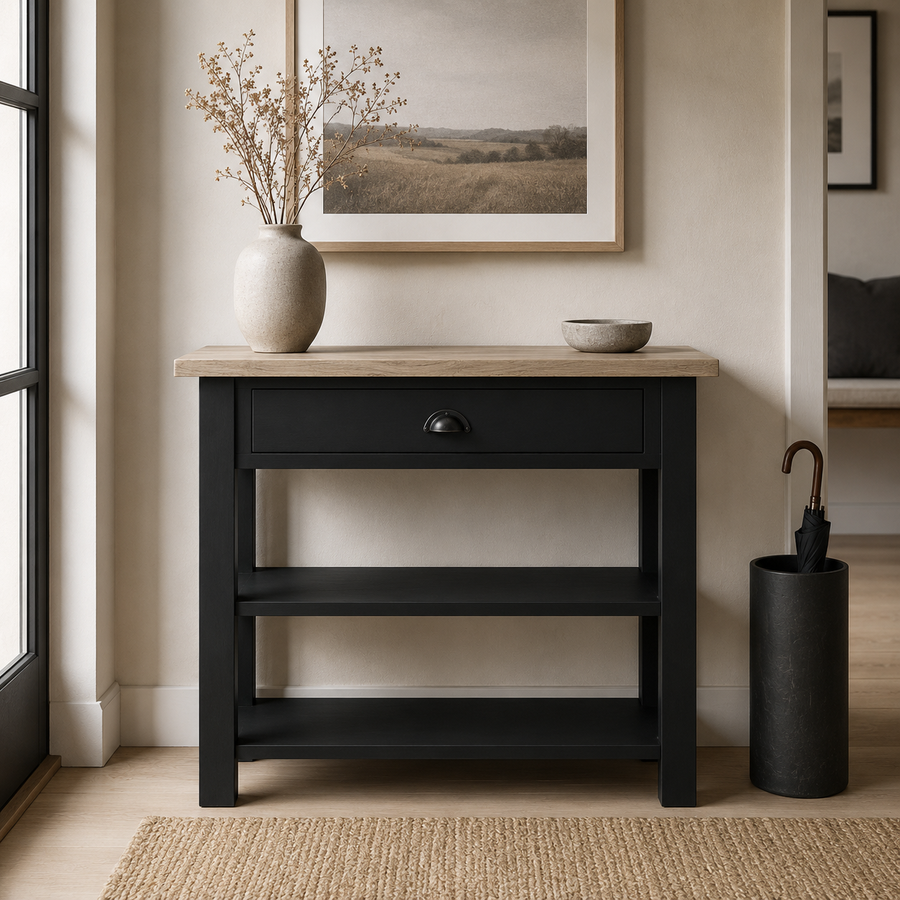 Rully console table in black with a solid oak top styled in an entrance hall