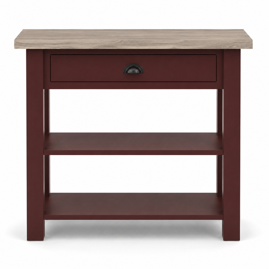 Rully console table in bordeaux with oak top, front view on white background