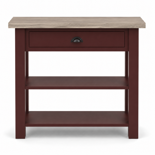 Rully console table in bordeaux with oak top, front view on white background