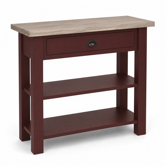 Rully console table in bordeaux with oak top, three-quarter angle view