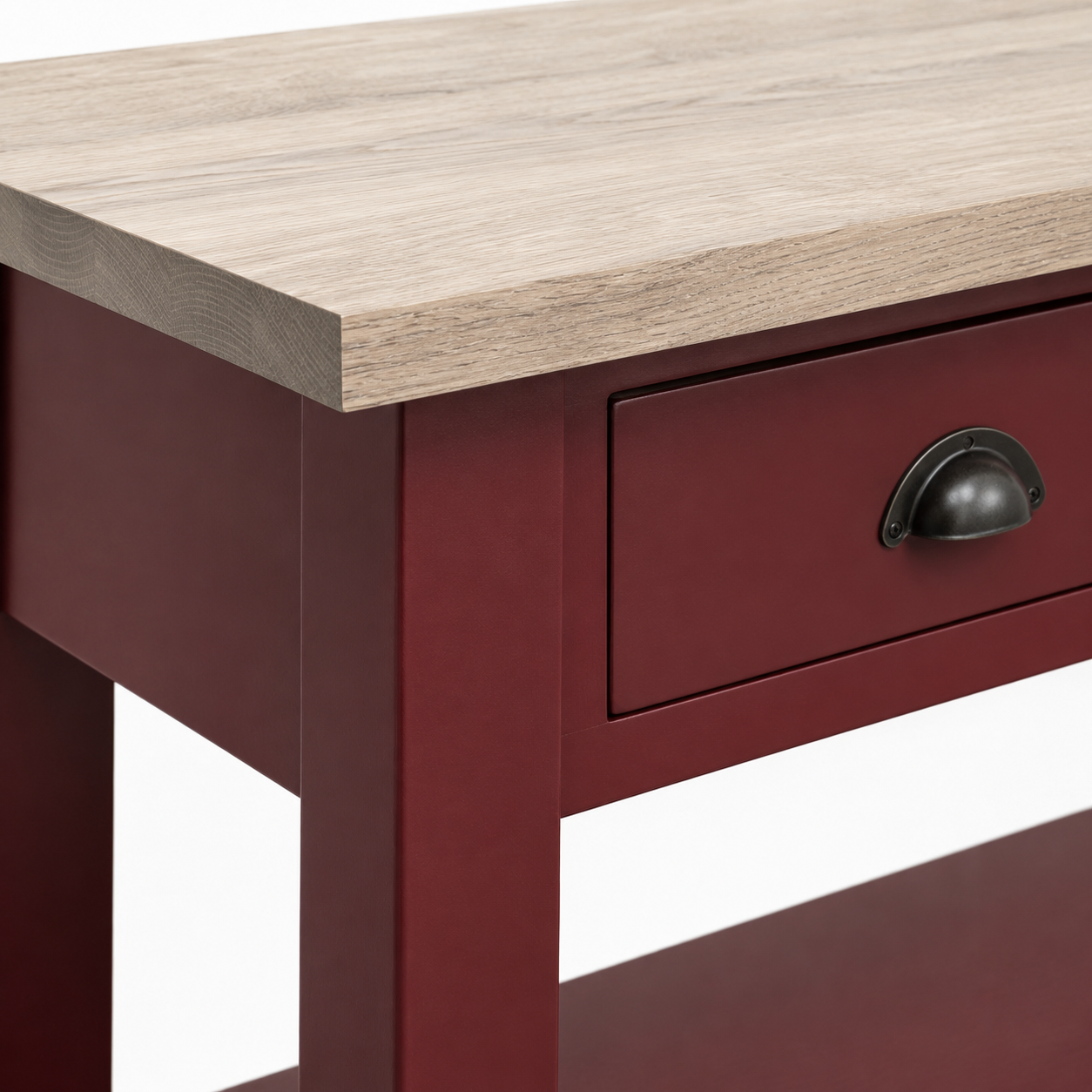 Close-up of the bordeaux painted finish and oak top detailing of the Rully console table