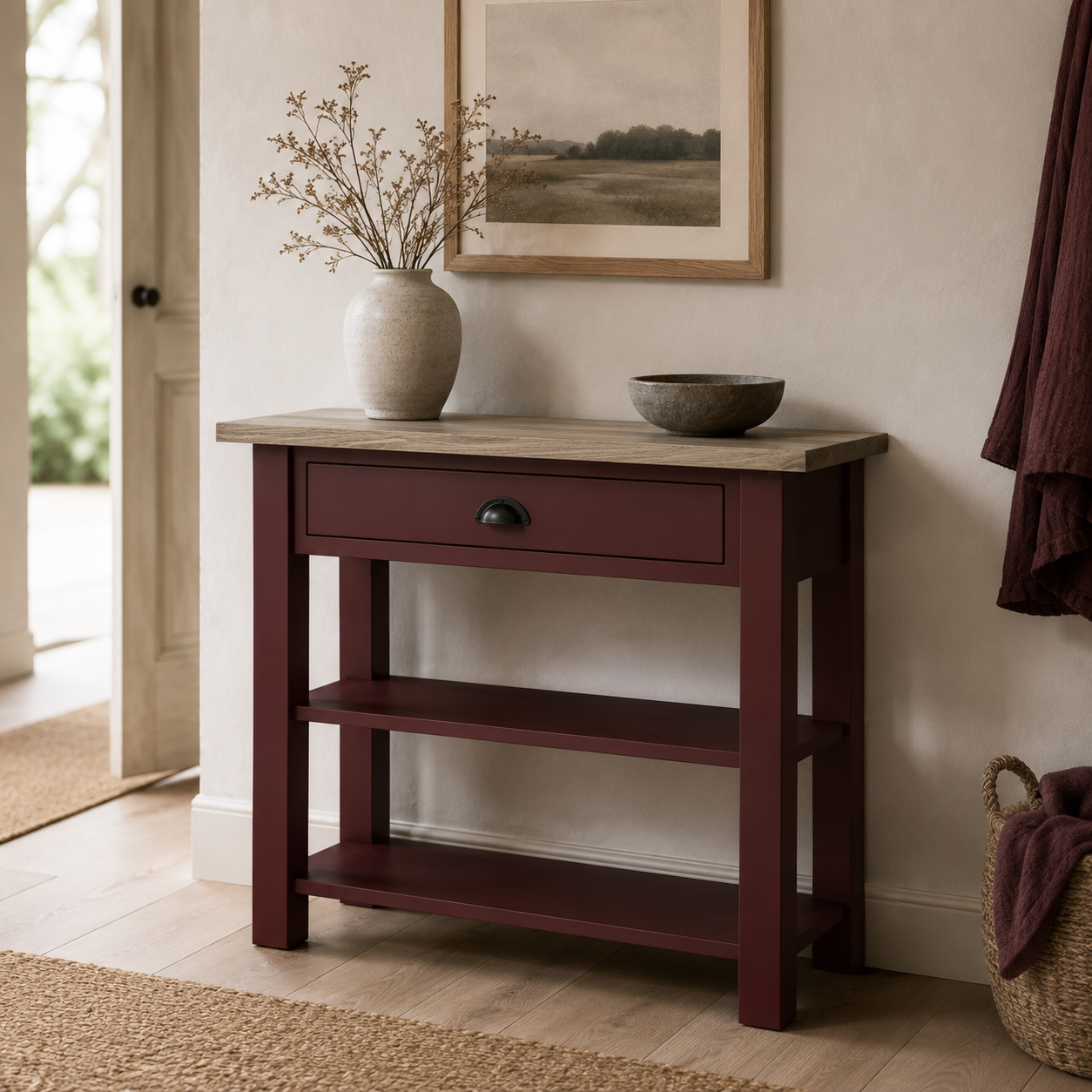 Rully console table in bordeaux with oak top styled in a hallway