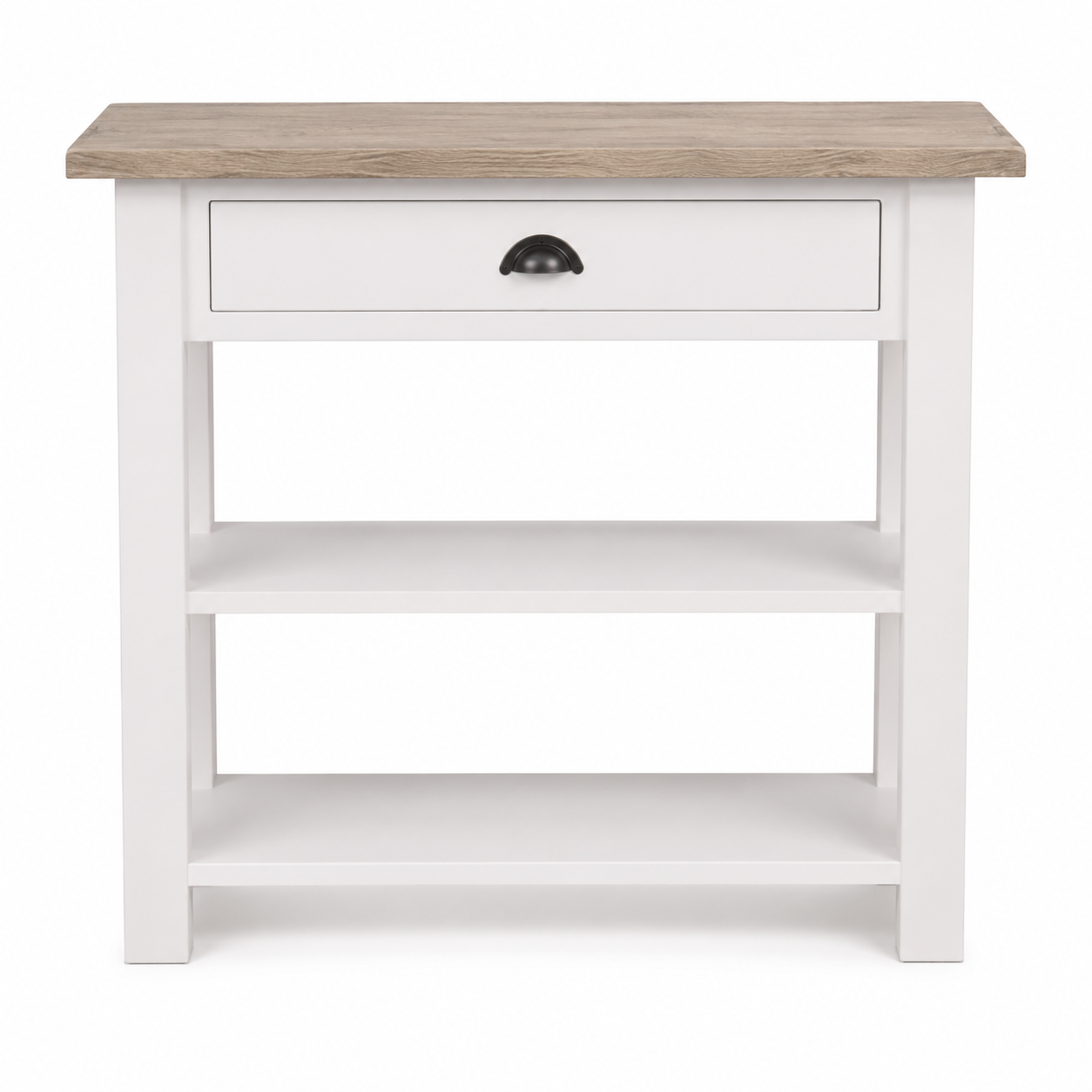 Rully console table in white with a solid oak top, front view on white background