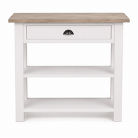 Rully console table in white with a solid oak top, front view on white background