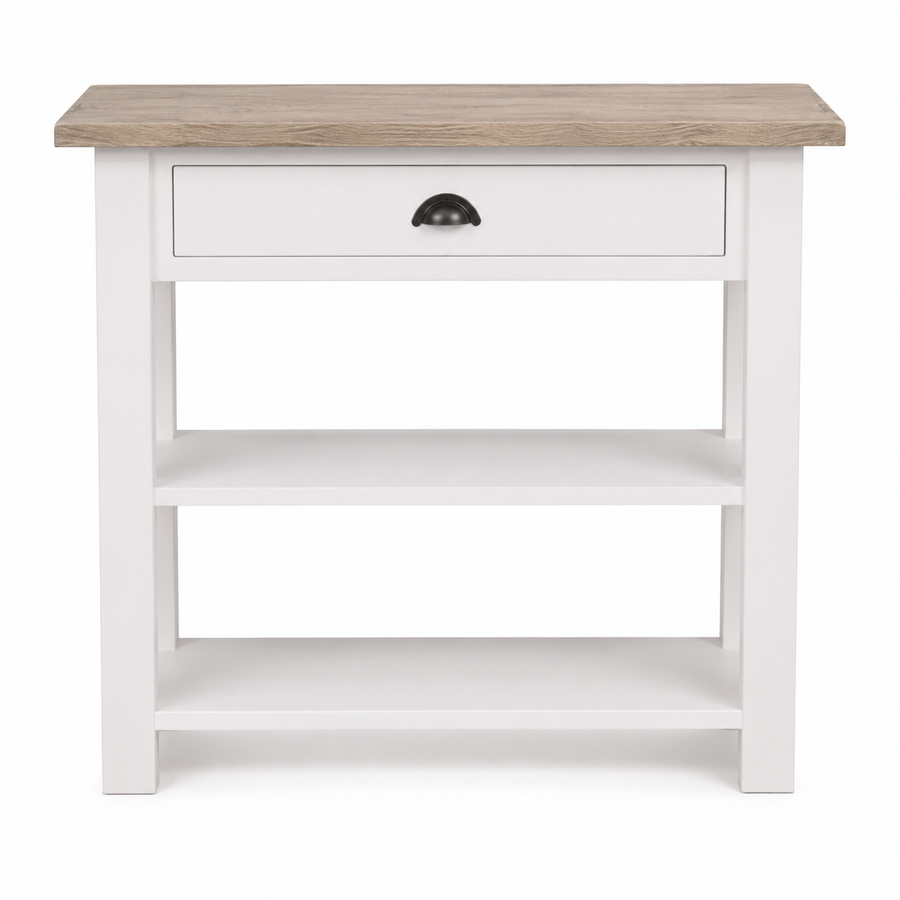 Rully console table in white with a solid oak top, front view on white background