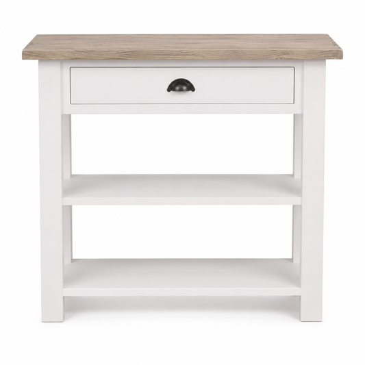 Rully console table in white with a solid oak top, front view on white background