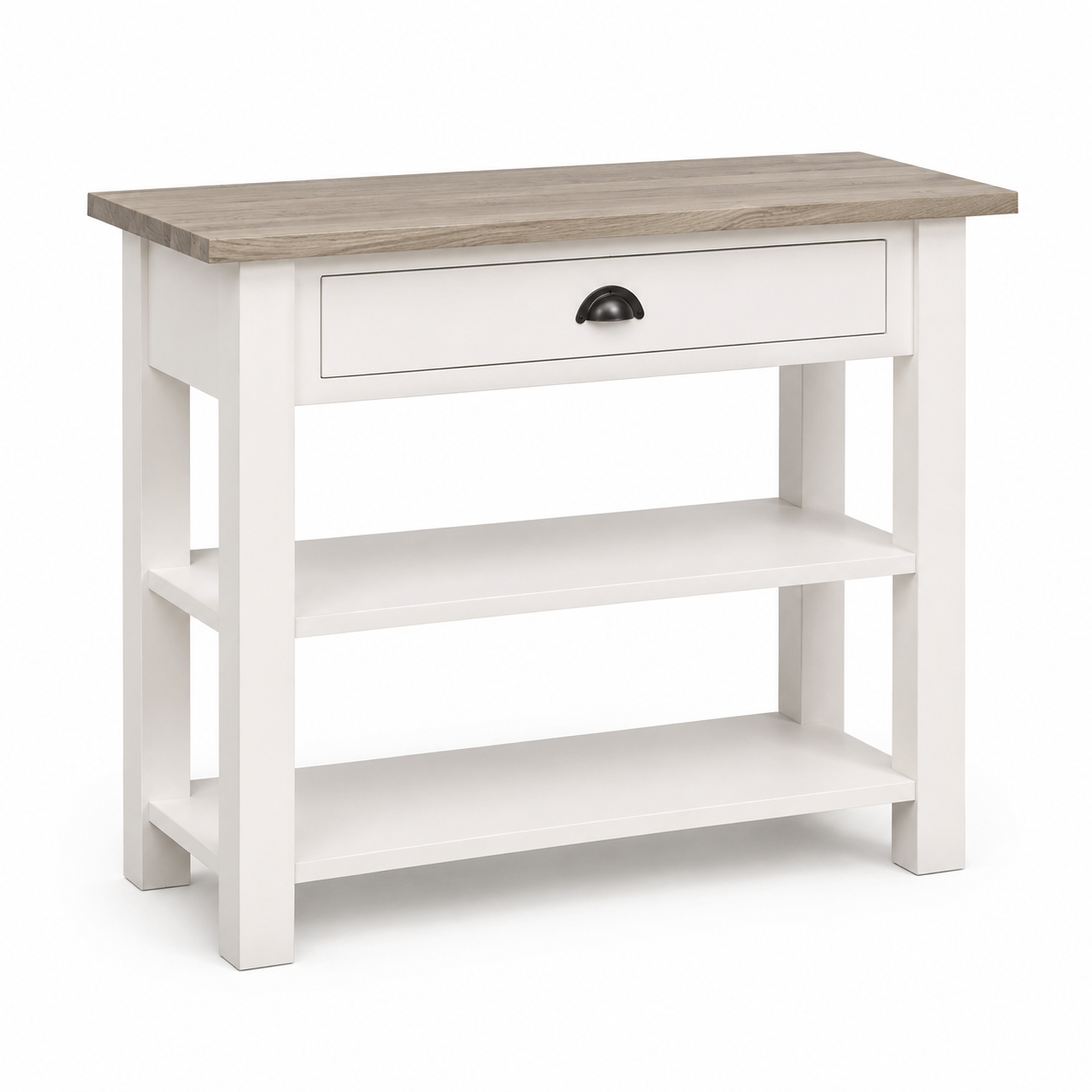 Rully console table in white with a solid oak top, three-quarter angle view