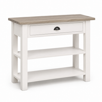 Rully console table in white with a solid oak top, three-quarter angle view