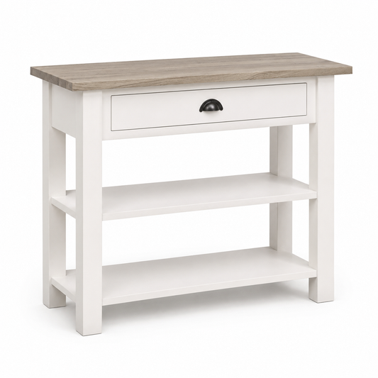 Rully console table in white with a solid oak top, three-quarter angle view