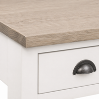 Close-up of the white paint finish, solid oak top and cup handle detailing of the Rully console table