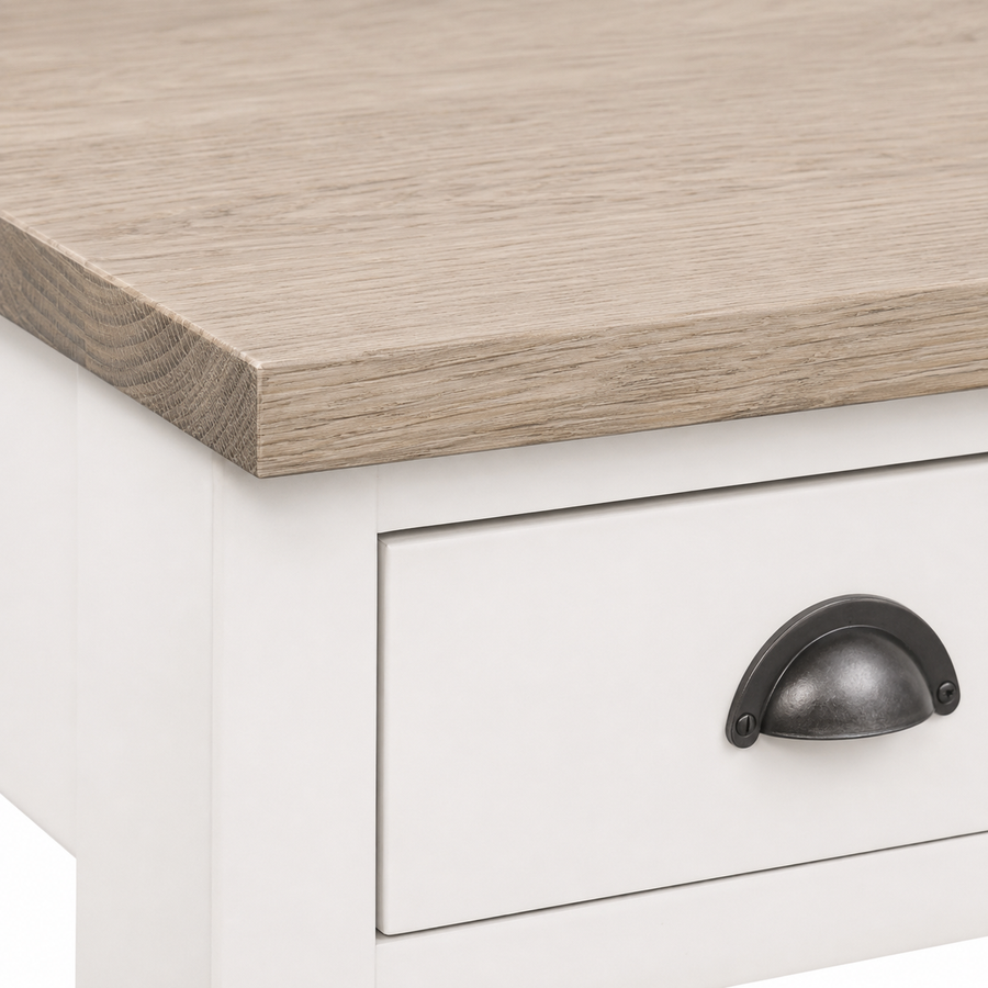 Close-up of the white paint finish, solid oak top and cup handle detailing of the Rully console table