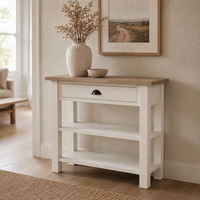 Rully console table in white with a solid oak top styled in a hallway