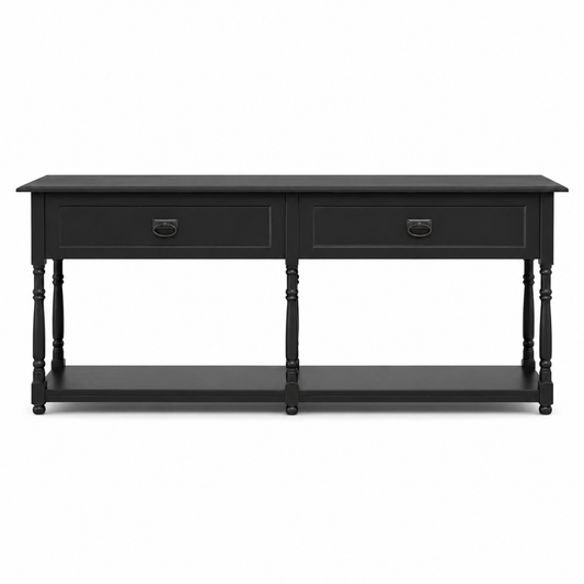 Tournus console table in black, front view on white background