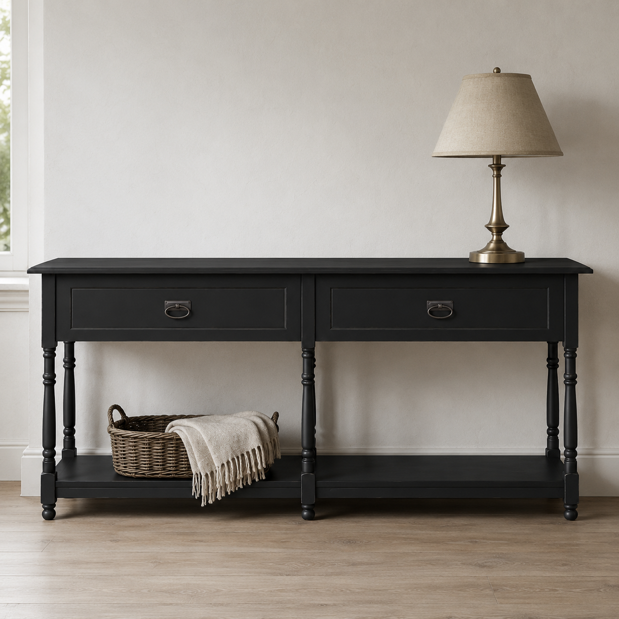Tournus console table in black styled in an entrance hall