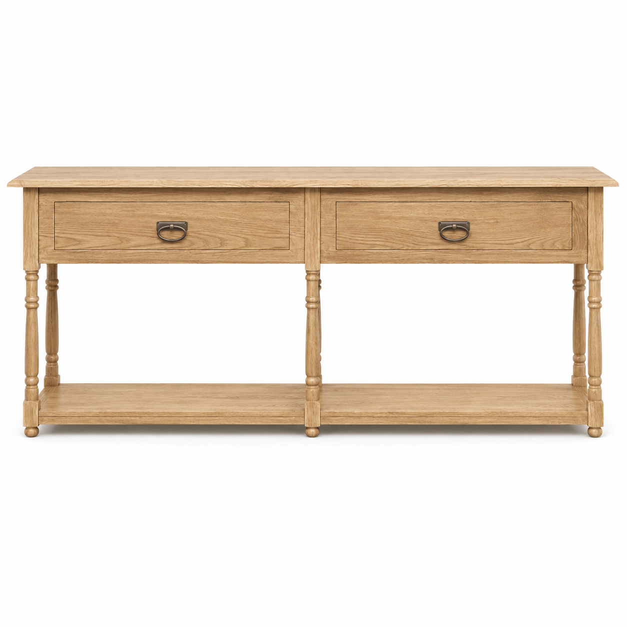Tournus console table in solid oak, front view on white background