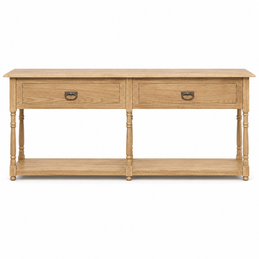 Tournus console table in solid oak, front view on white background