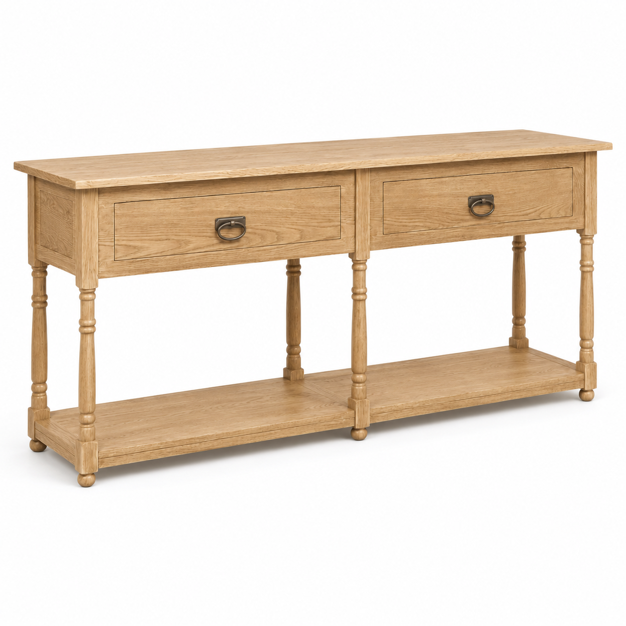 Tournus console table in solid oak, three-quarter angle view